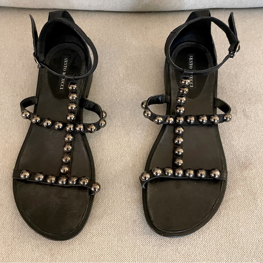 Women’s black gladiator leather with silver studs. Sesto Muecci